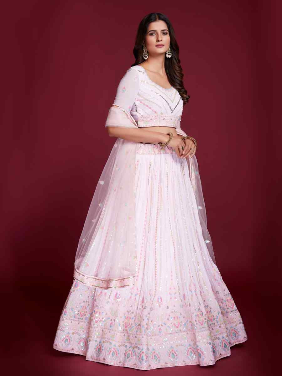 Light Pink Heavy Georgette Embroidered Reception Party Wear Heavy Border Lehenga Choli