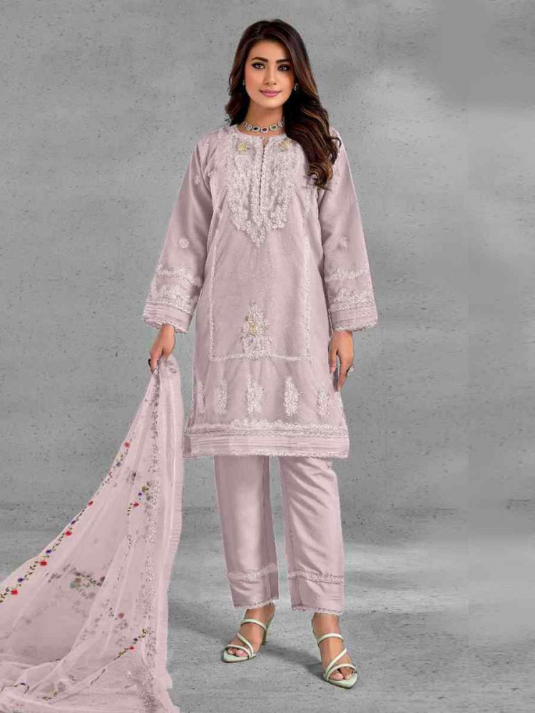 Light Pink Heavy Organza Embroidered Festival Casual Pant Salwar Kameez