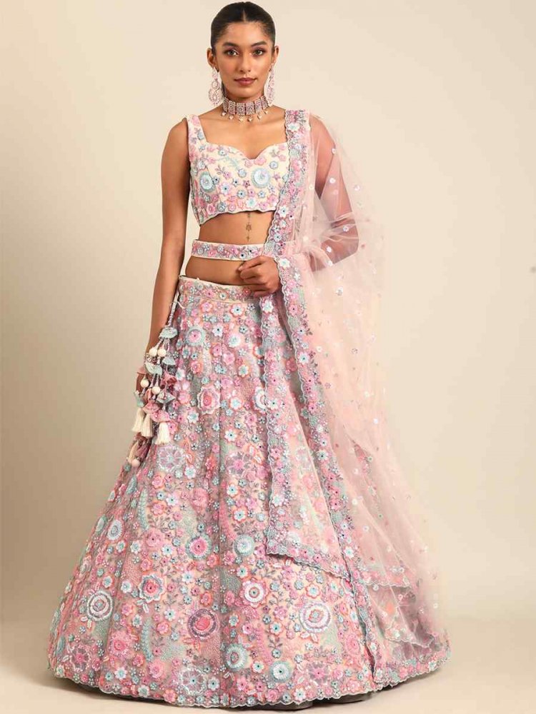Light Pink Net Embroidered Bridesmaid Wedding Heavy Border Lehenga Choli