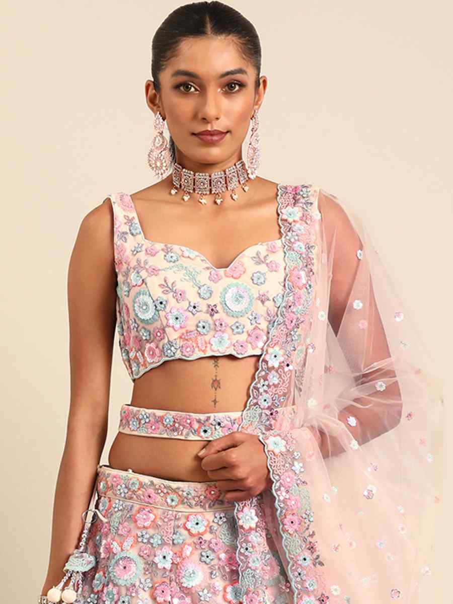 Light Pink Net Embroidered Bridesmaid Wedding Heavy Border Lehenga Choli