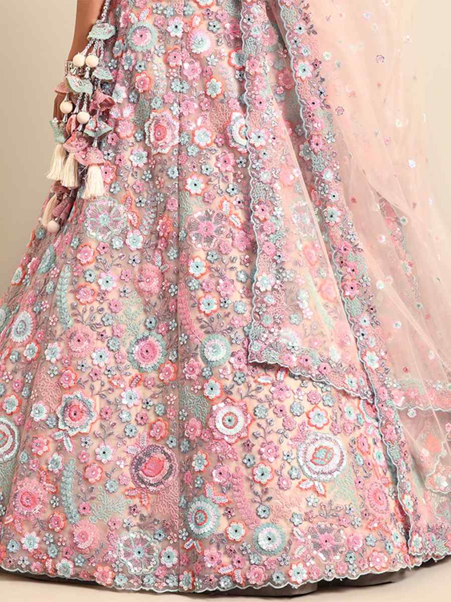 Light Pink Net Embroidered Bridesmaid Wedding Heavy Border Lehenga Choli