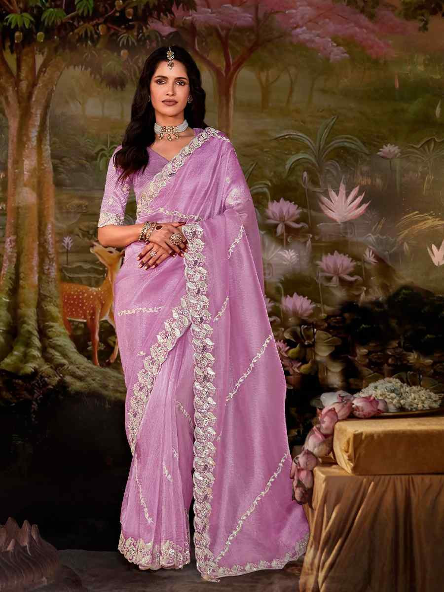 Light Pink Organza Chiffon Embroidered Reception Party Heavy Border Saree