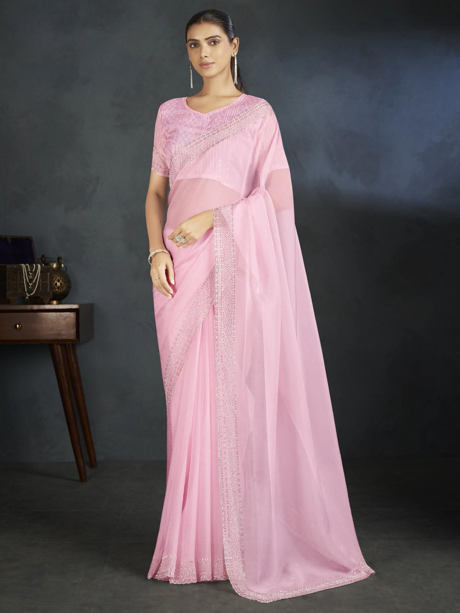 Light Pink Organza Handwoven Festival Wedding Heavy Border Saree