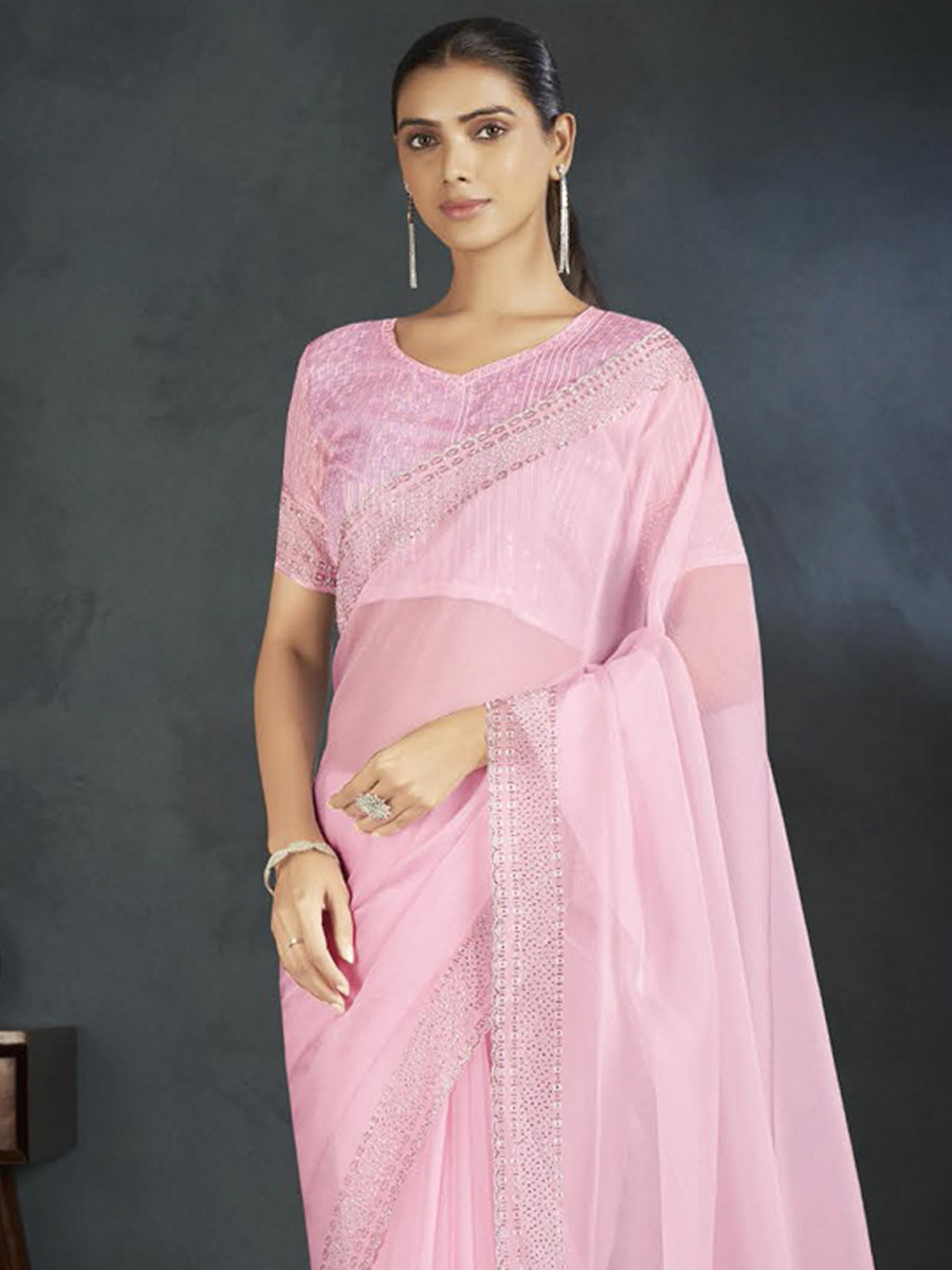 Light Pink Organza Handwoven Festival Wedding Heavy Border Saree