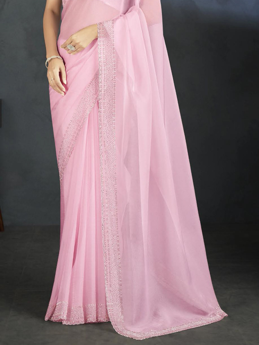 Light Pink Organza Handwoven Festival Wedding Heavy Border Saree