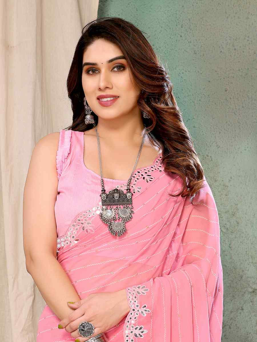 Light Pink Organza Printed Festival Casual Contemporary Saree