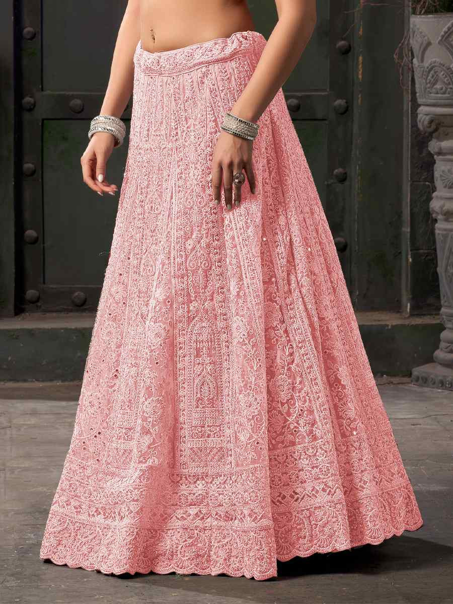 Light Pink Premium Net Embroidered Reception Party Wear Heavy Border Lehenga Choli