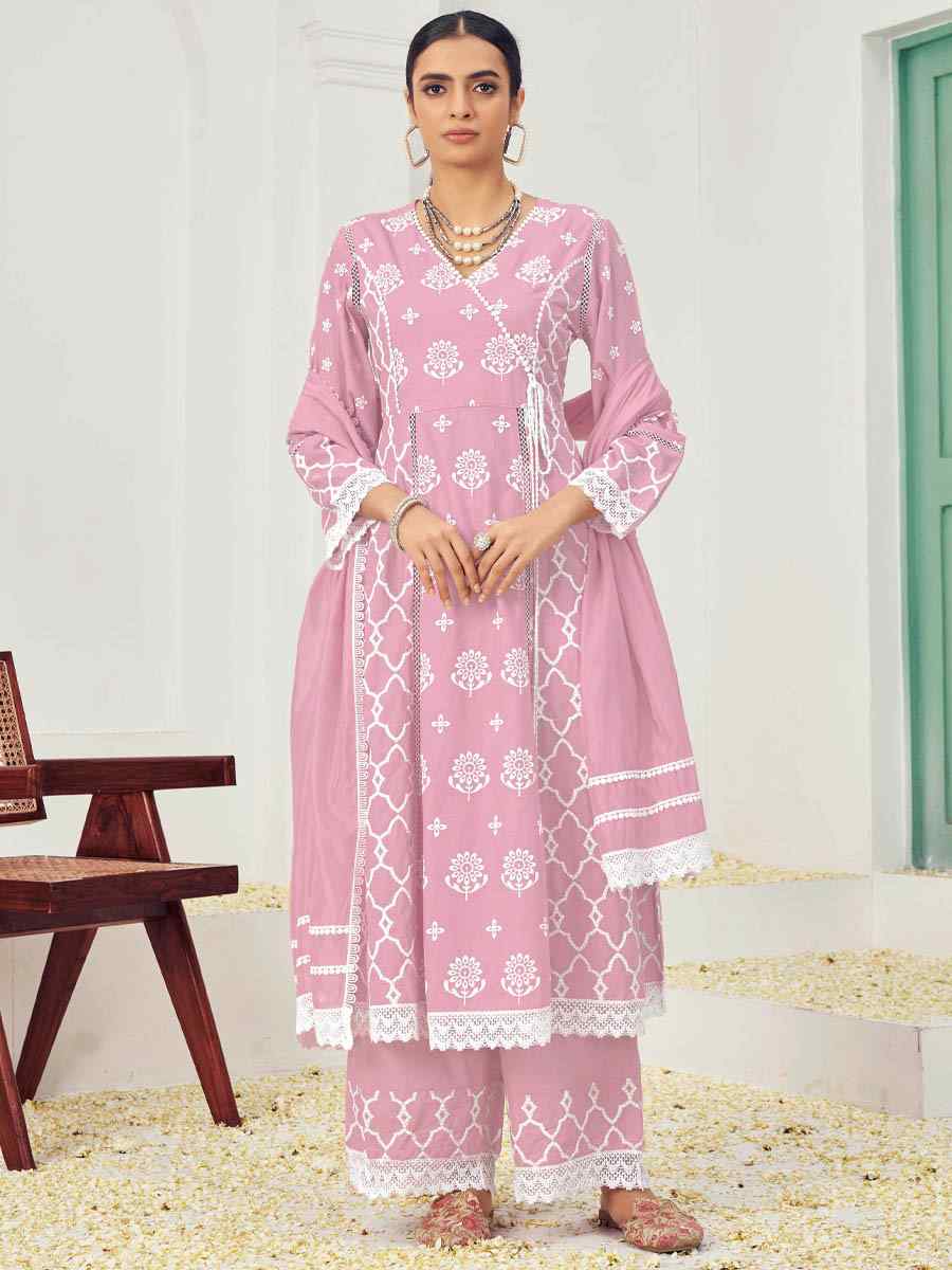 Light Pink Pure Cotton Embroidered Festival Casual Ready Anarkali Salwar Kameez