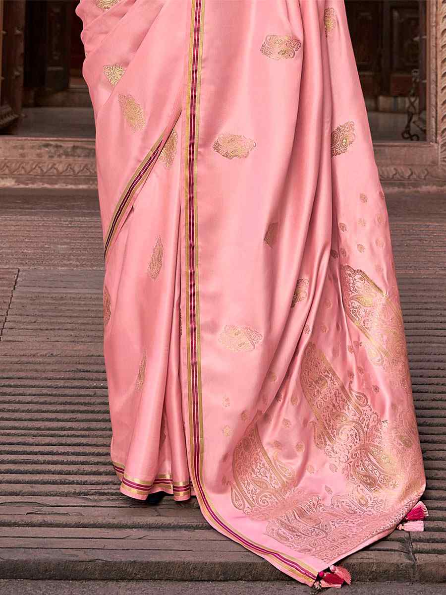 Light Pink Pure Satin Handwoven Wedding Festival Heavy Border Saree