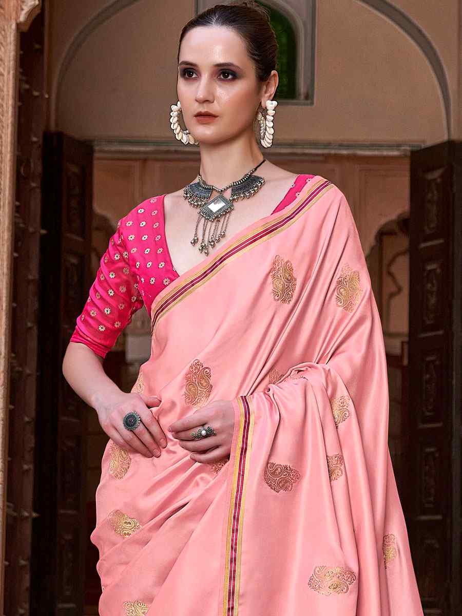 Light Pink Pure Satin Handwoven Wedding Festival Heavy Border Saree