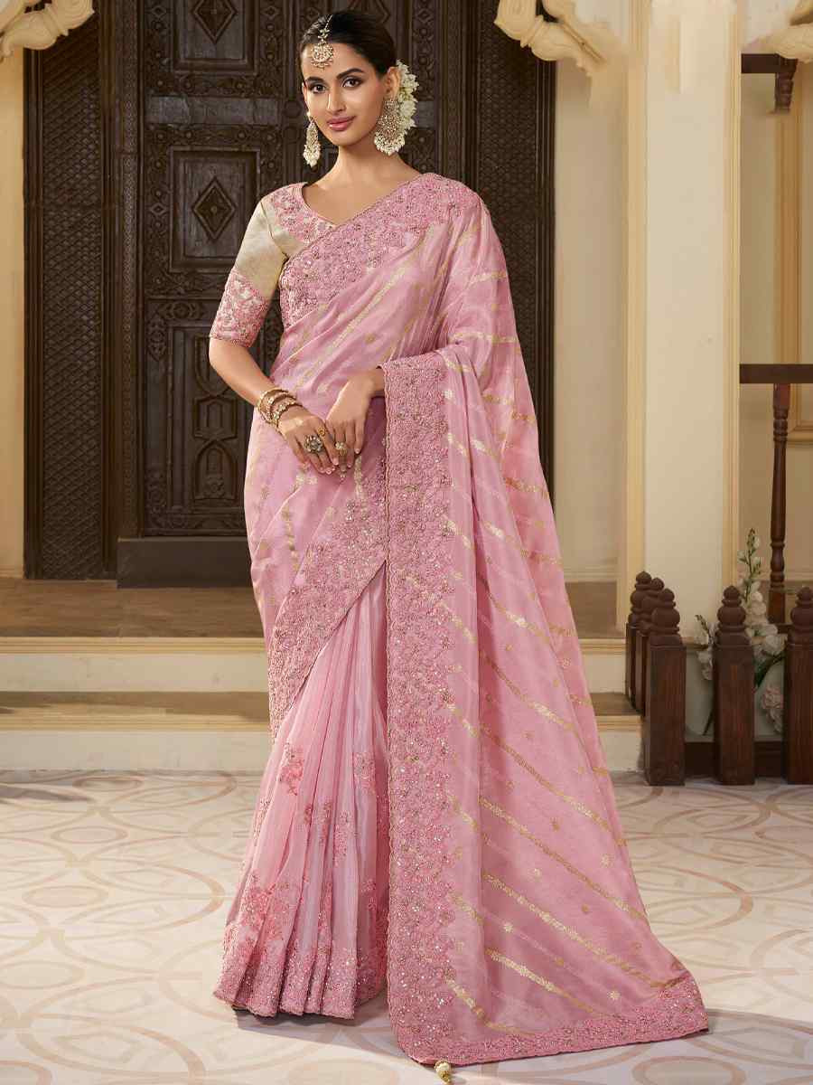 Light Pink Pure Tissue Silk Embroidered Festival Wedding Heavy Border Saree