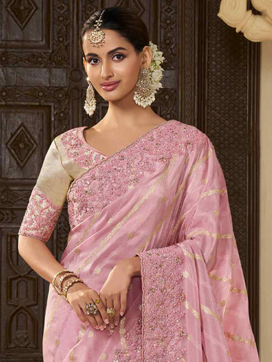 Light Pink Pure Tissue Silk Embroidered Festival Wedding Heavy Border Saree