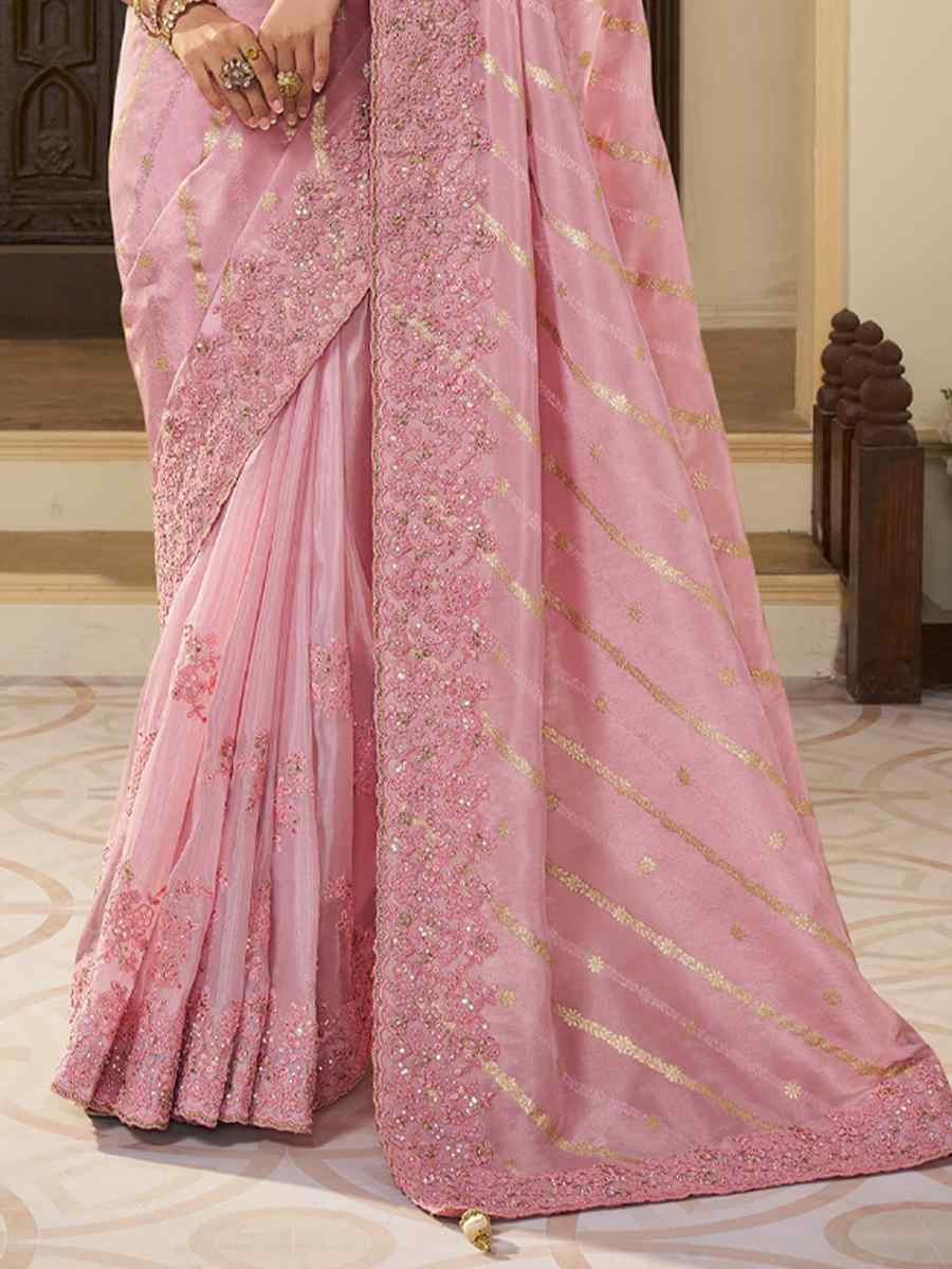 Light Pink Pure Tissue Silk Embroidered Festival Wedding Heavy Border Saree