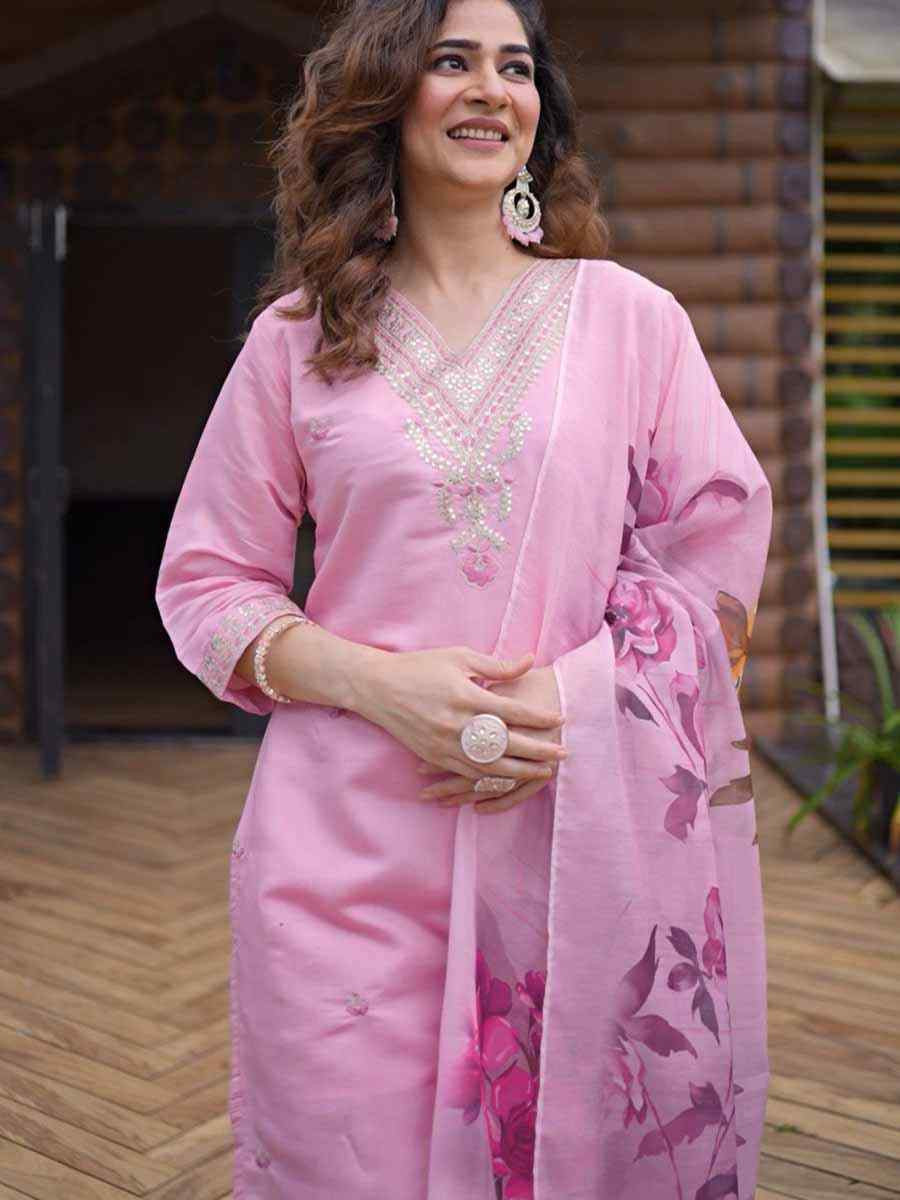 Light Pink Roman Silk Embroidered Festival Casual Pant Ready Salwar Kameez