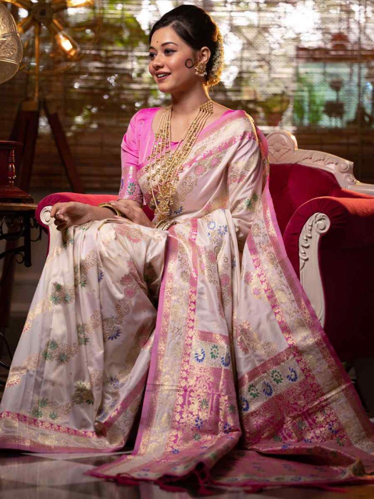 Light Pink Soft Banarasi Silk Handwoven Wedding Festival Heavy Border Saree