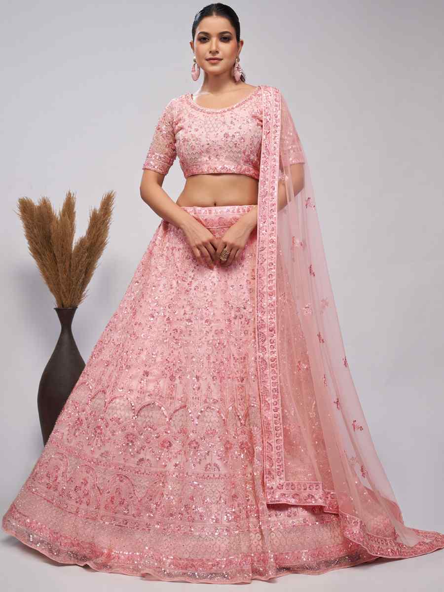 Light Pink Soft Net Embroidered Bridesmaid Wedding Heavy Border Lehenga Choli