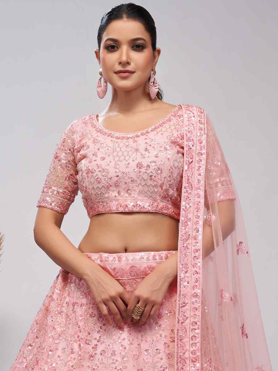 Light Pink Soft Net Embroidered Bridesmaid Wedding Heavy Border Lehenga Choli