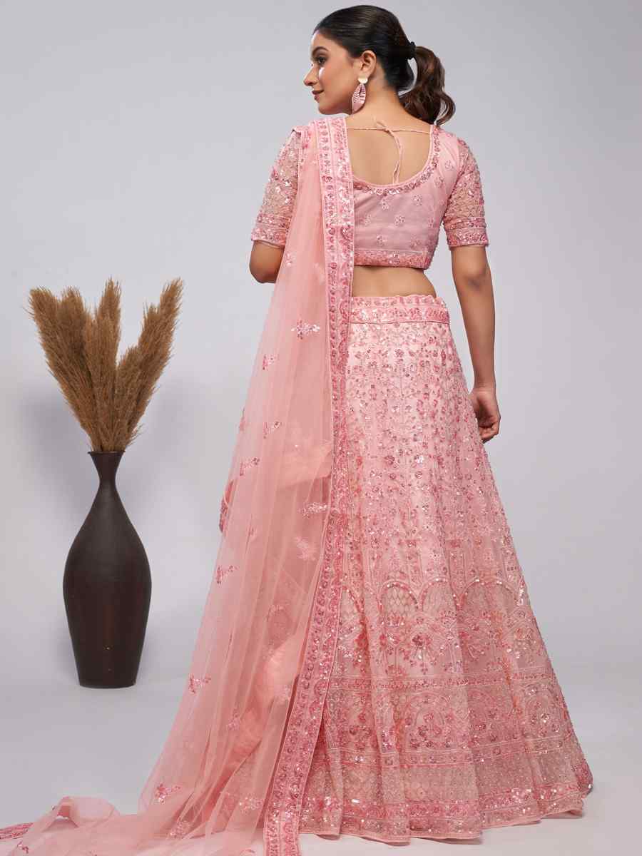 Light Pink Soft Net Embroidered Bridesmaid Wedding Heavy Border Lehenga Choli