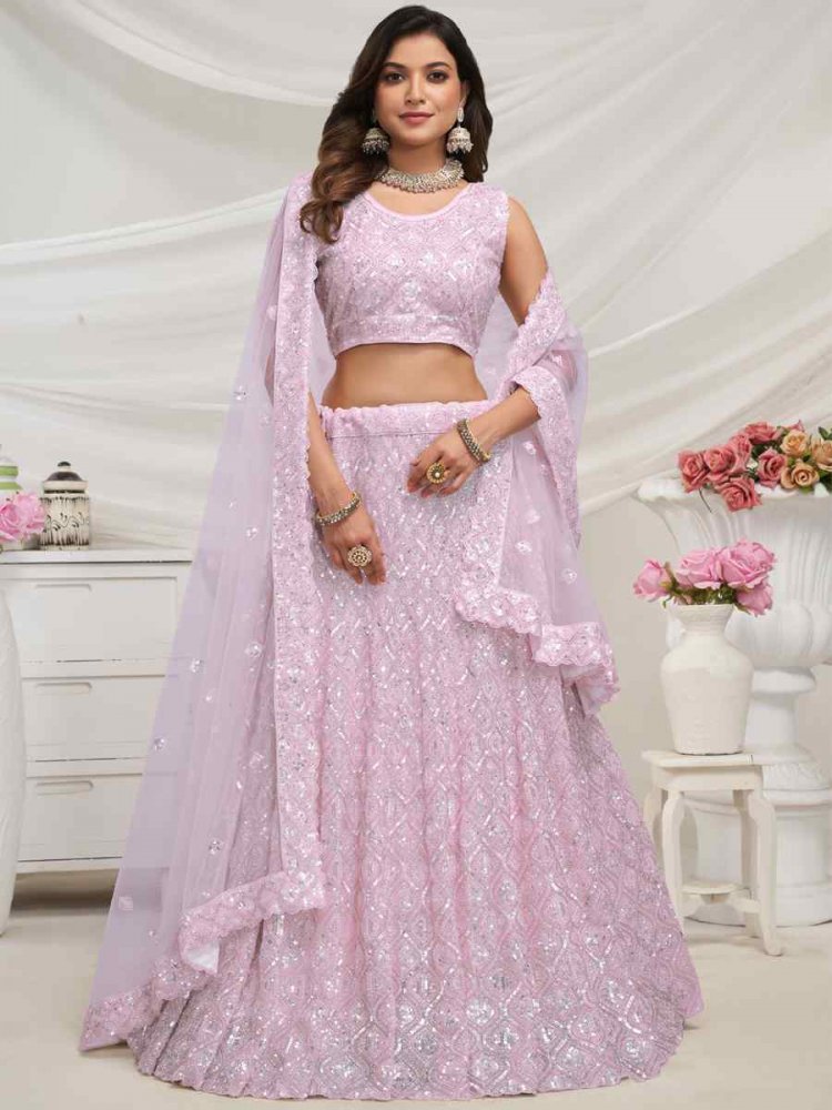 Light Pink Soft Net Embroidered Bridesmaid Wedding Heavy Border Lehenga Choli