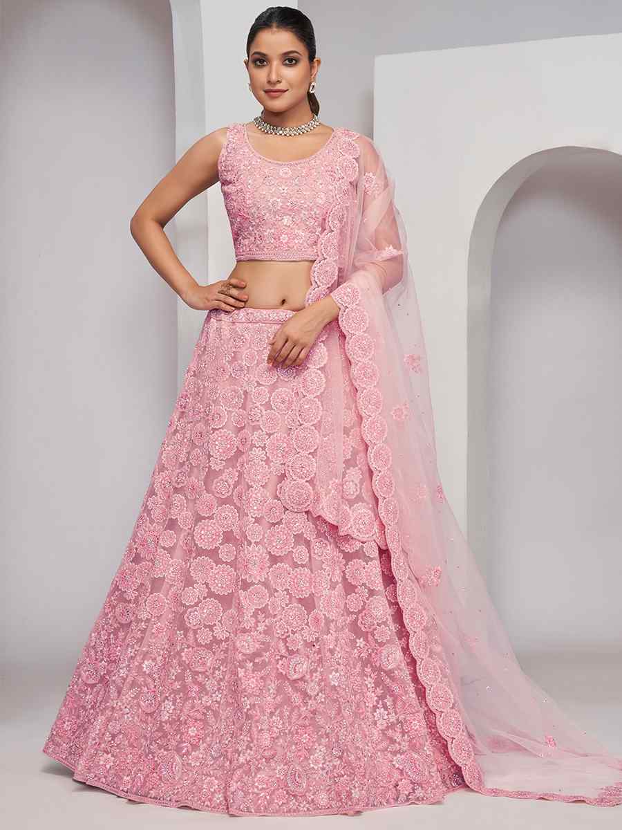 Light Pink Soft Net Embroidery Bridesmaid Wedding Heavy Border Lehenga Choli