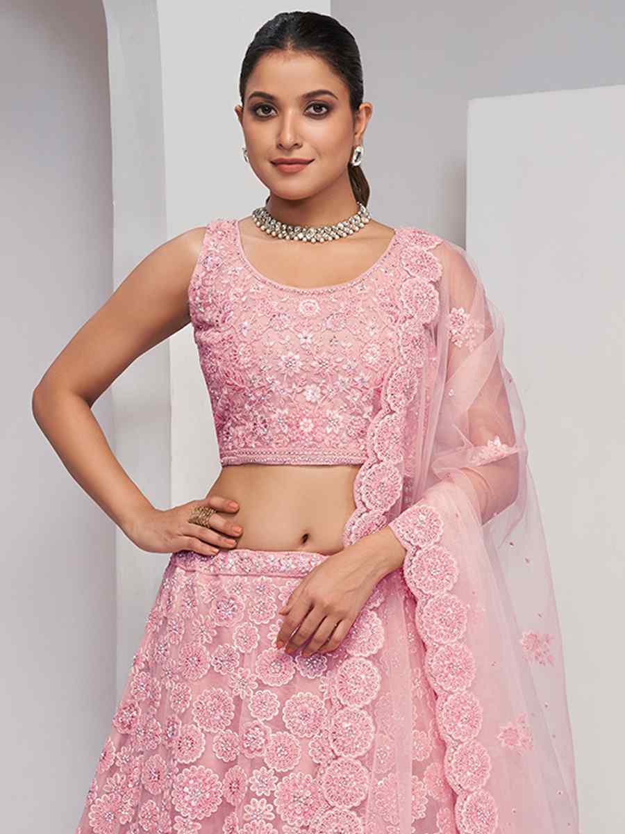 Light Pink Soft Net Embroidery Bridesmaid Wedding Heavy Border Lehenga Choli