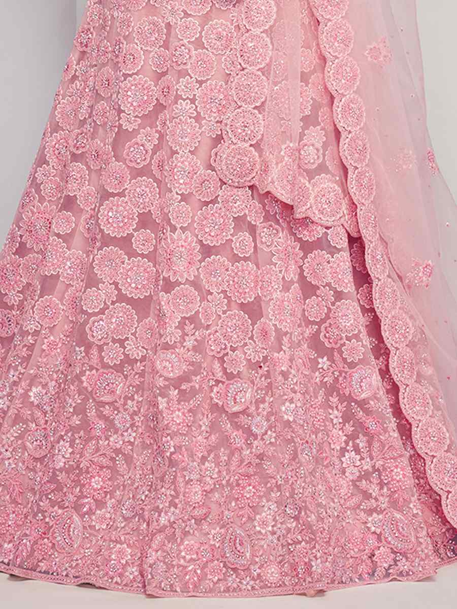 Light Pink Soft Net Embroidery Bridesmaid Wedding Heavy Border Lehenga Choli