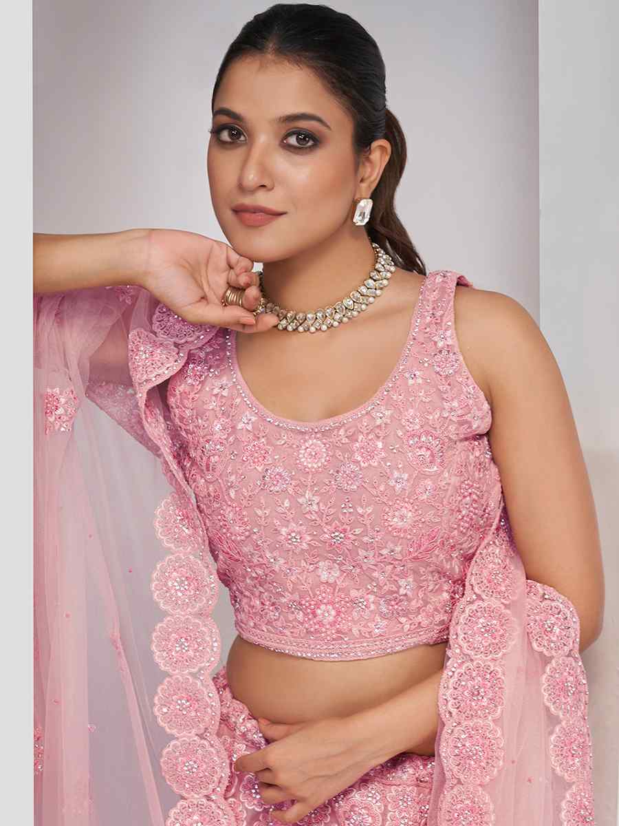 Light Pink Soft Net Embroidery Bridesmaid Wedding Heavy Border Lehenga Choli