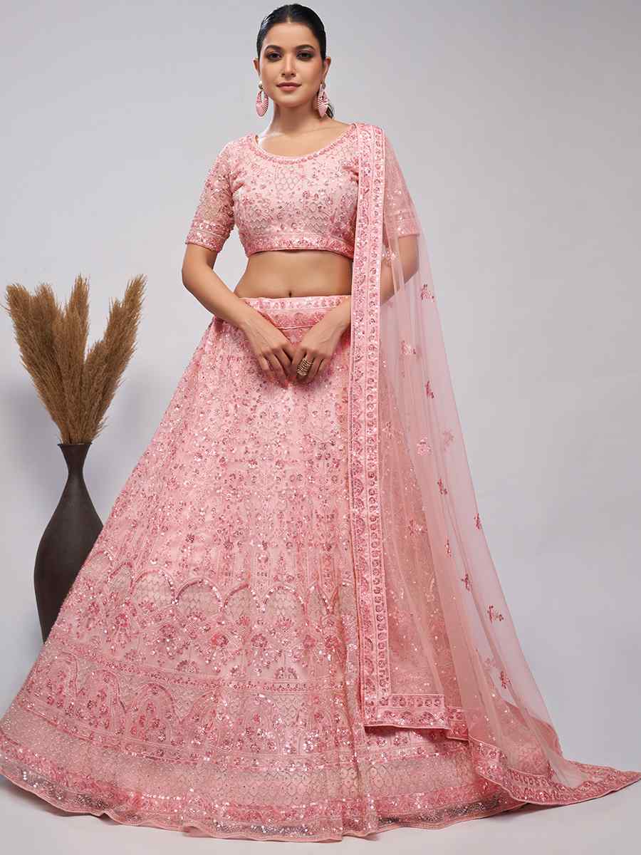 Light Pink Soft Net Embroidery Bridesmaid Wedding Heavy Border Lehenga Choli