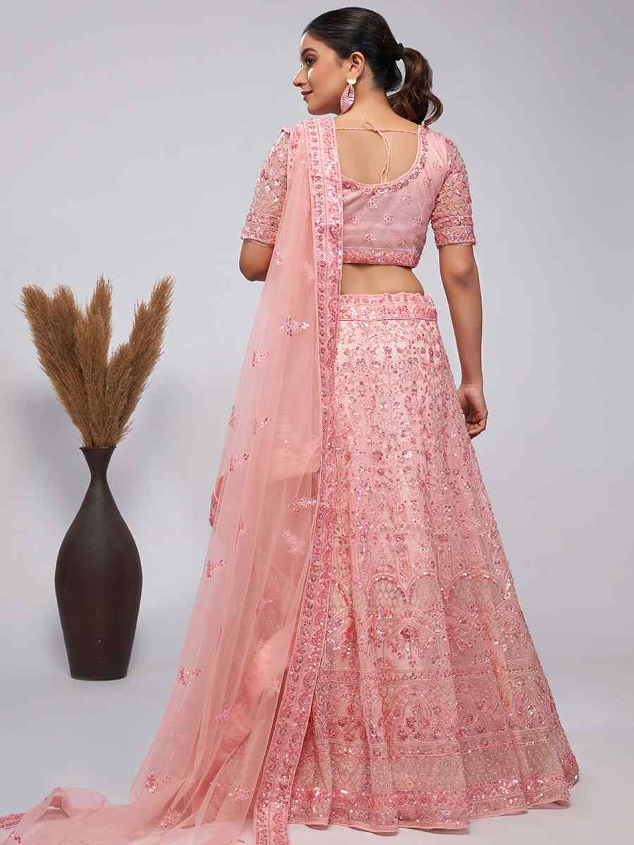 Light Pink Soft Net Embroidery Bridesmaid Wedding Heavy Border Lehenga Choli