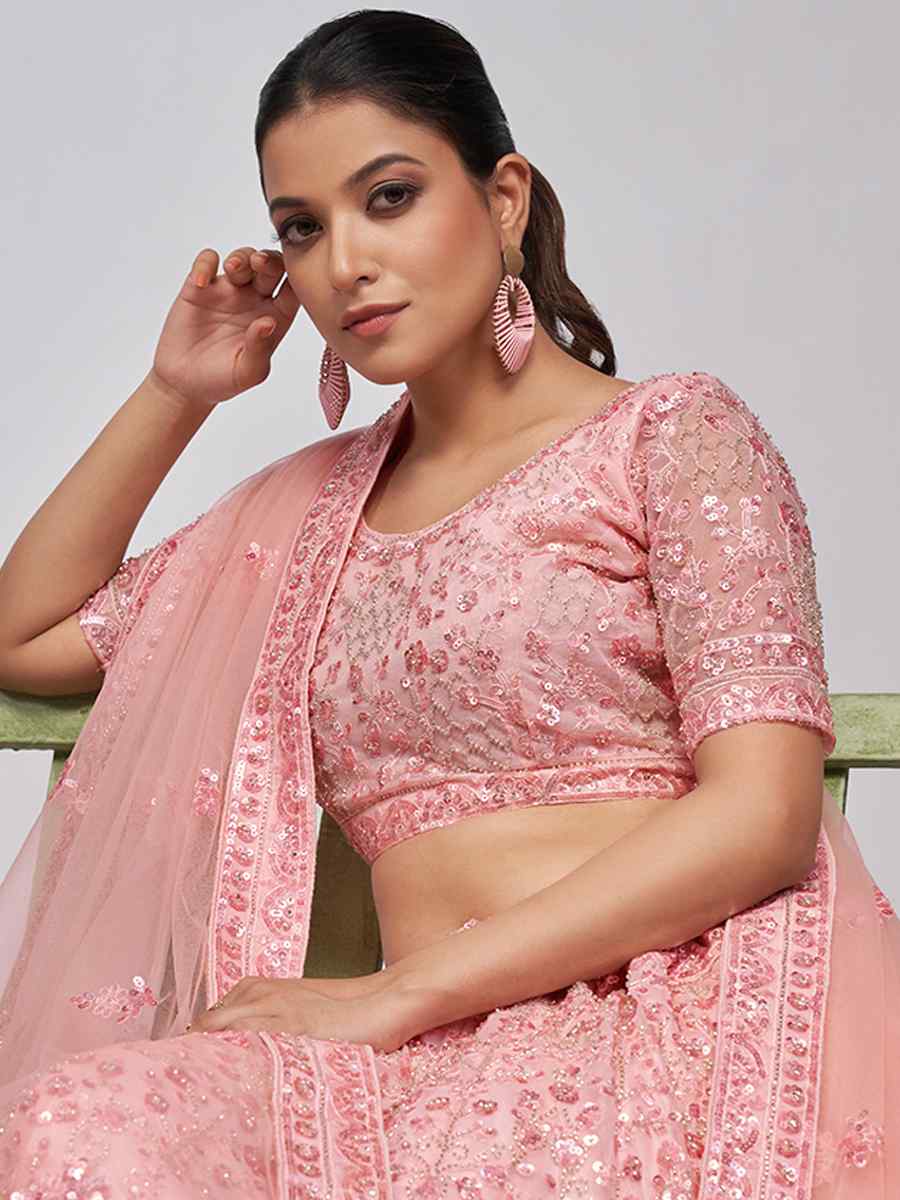 Light Pink Soft Net Embroidery Bridesmaid Wedding Heavy Border Lehenga Choli