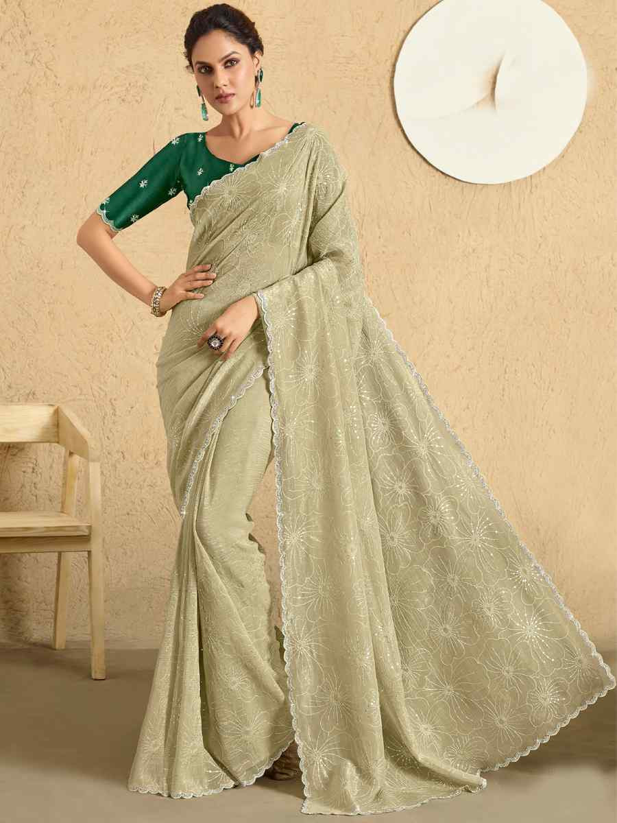 Light Pista Georgette Embroidered Reception Party Heavy Border Saree