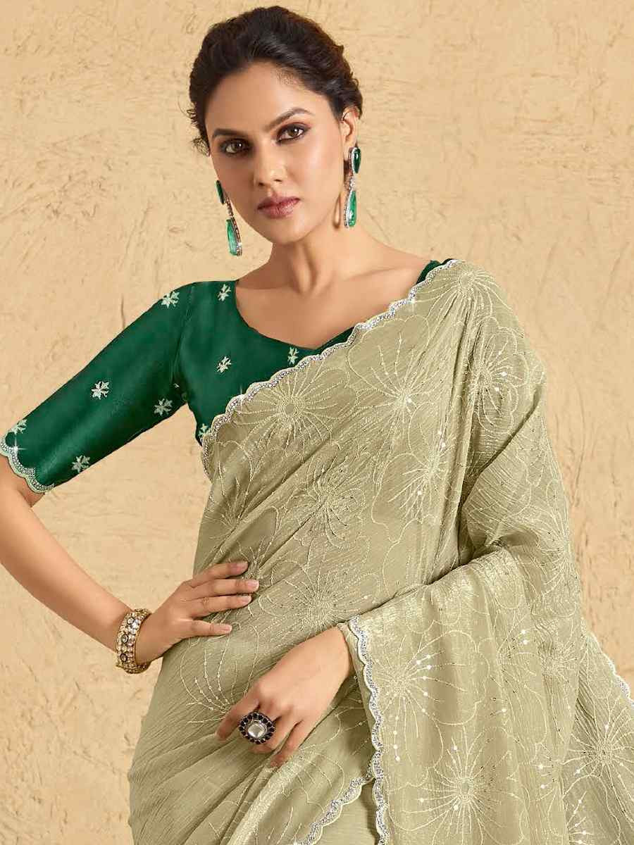 Light Pista Georgette Embroidered Reception Party Heavy Border Saree