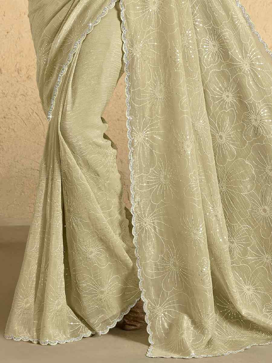 Light Pista Georgette Embroidered Reception Party Heavy Border Saree