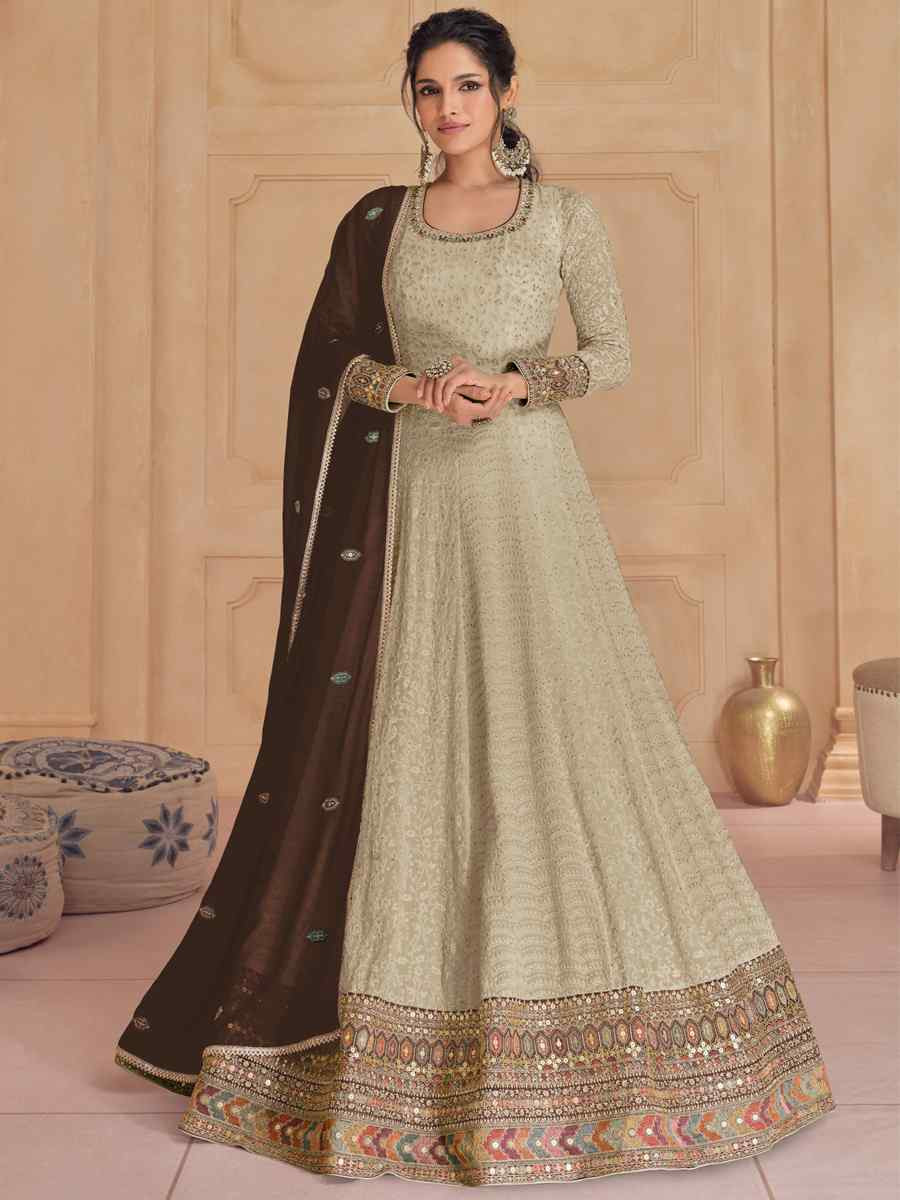 Light Pista Heavy Faux Georgette Embroidered Festival Wedding Anarkali Salwar Kameez