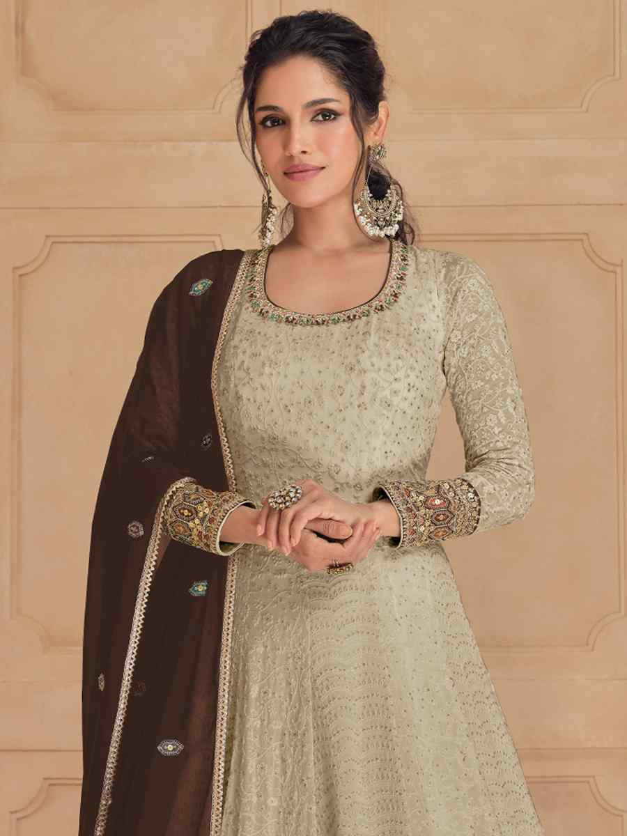 Light Pista Heavy Faux Georgette Embroidered Festival Wedding Anarkali Salwar Kameez