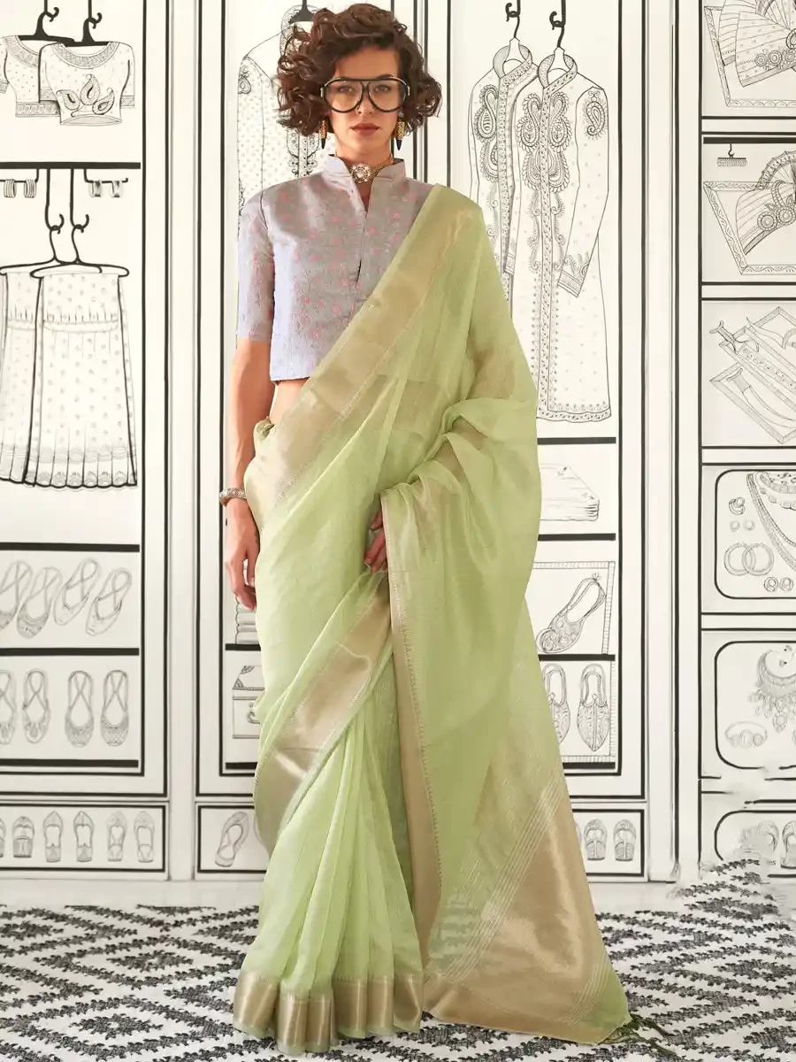 Light Pista Moss Chiffon Handloom Handwoven Festival Casual Heavy Border Saree