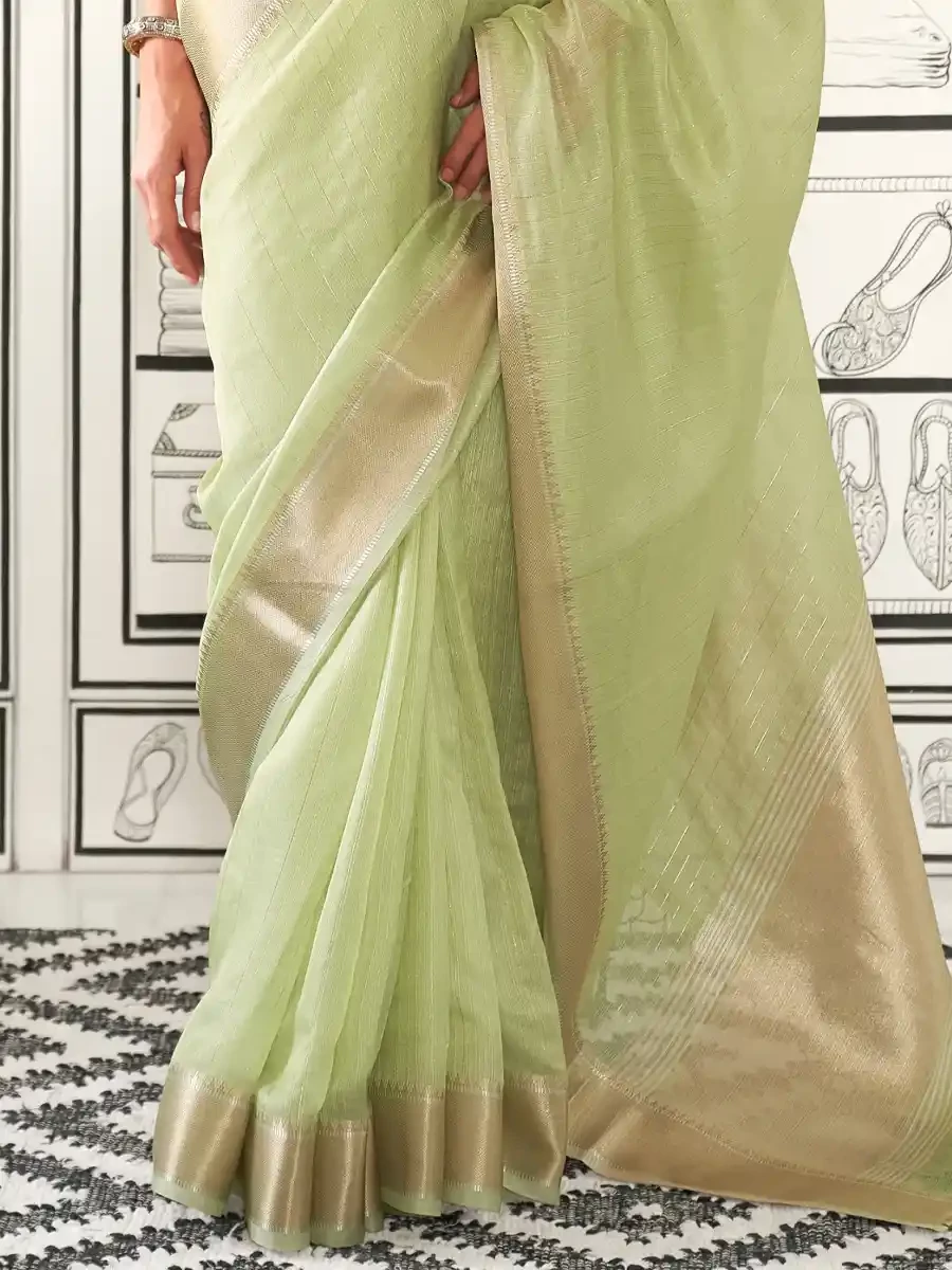 Light Pista Moss Chiffon Handloom Handwoven Festival Casual Heavy Border Saree