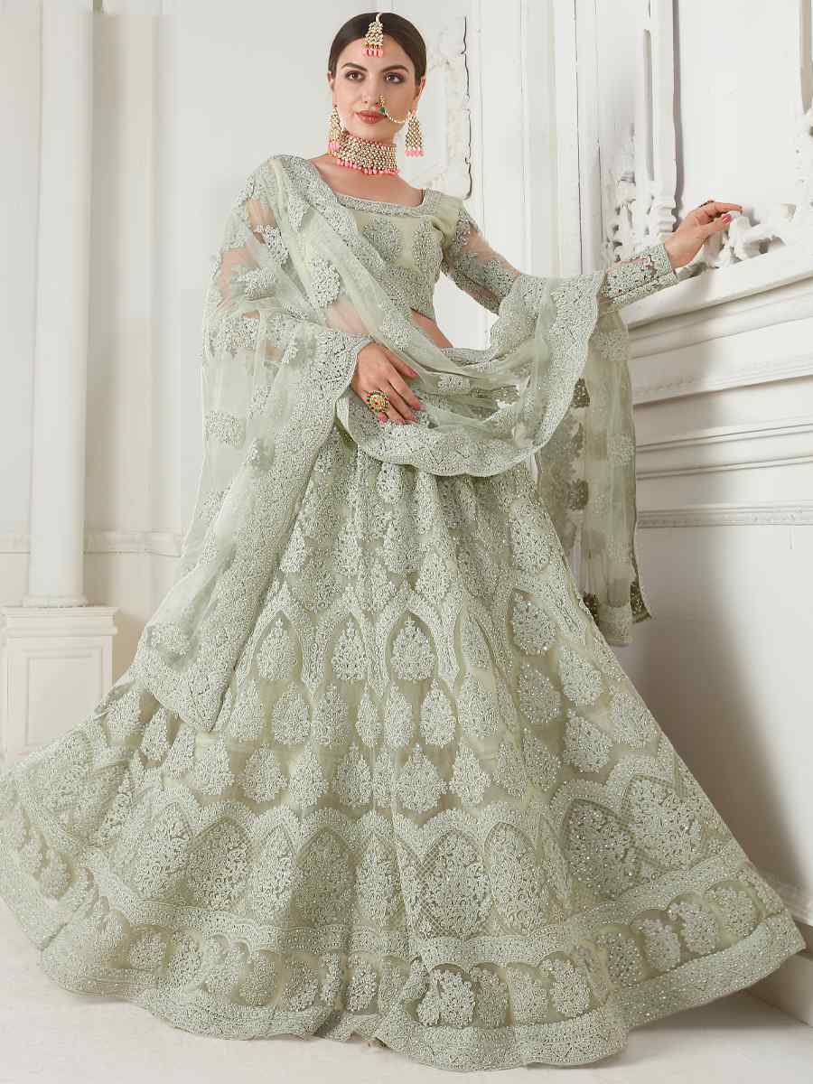 Light Pista Net Silk Embroidered Bridal Wedding Heavy Border Lehenga Choli