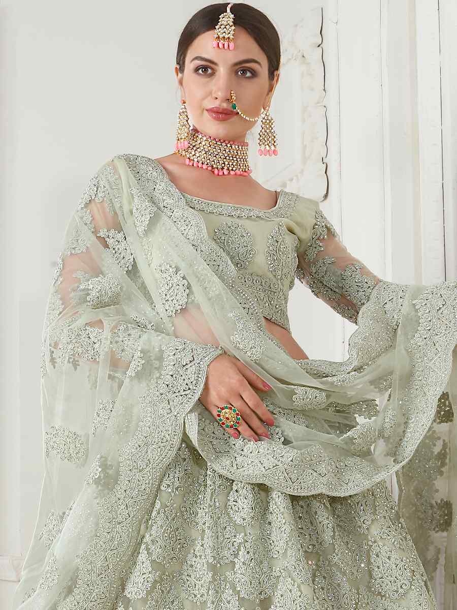 Light Pista Net Silk Embroidered Bridal Wedding Heavy Border Lehenga Choli