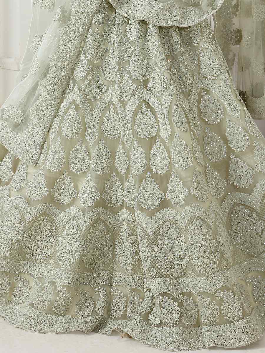 Light Pista Net Silk Embroidered Bridal Wedding Heavy Border Lehenga Choli