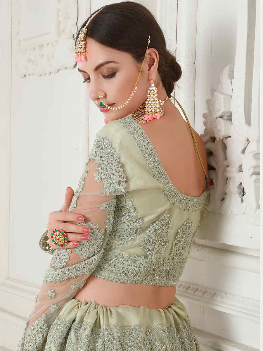 Light Pista Net Silk Embroidered Bridal Wedding Heavy Border Lehenga Choli