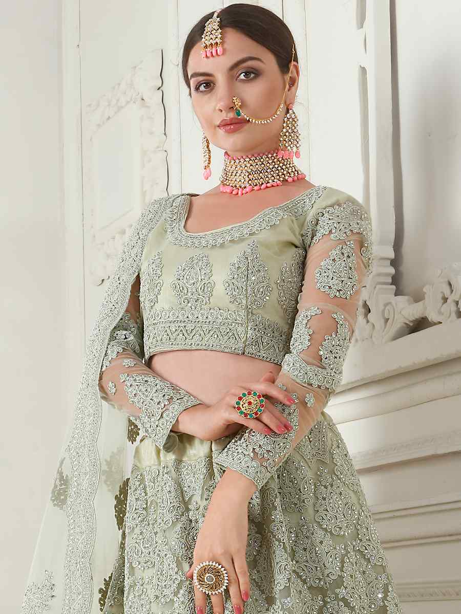 Light Pista Net Silk Embroidered Bridal Wedding Heavy Border Lehenga Choli