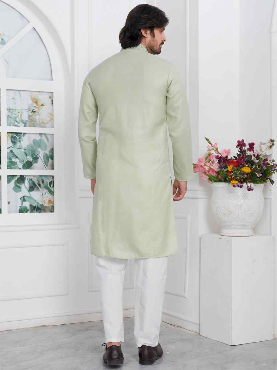 Light Pista Premium Linen Cotton Plain Festival Casual Kurta