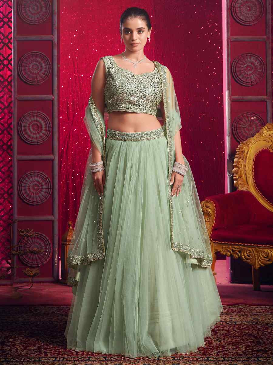 Light Pista Premium Net Embroidered Festival Wedding Heavy Border Lehenga Choli