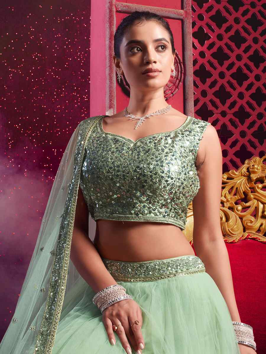 Light Pista Premium Net Embroidered Festival Wedding Heavy Border Lehenga Choli