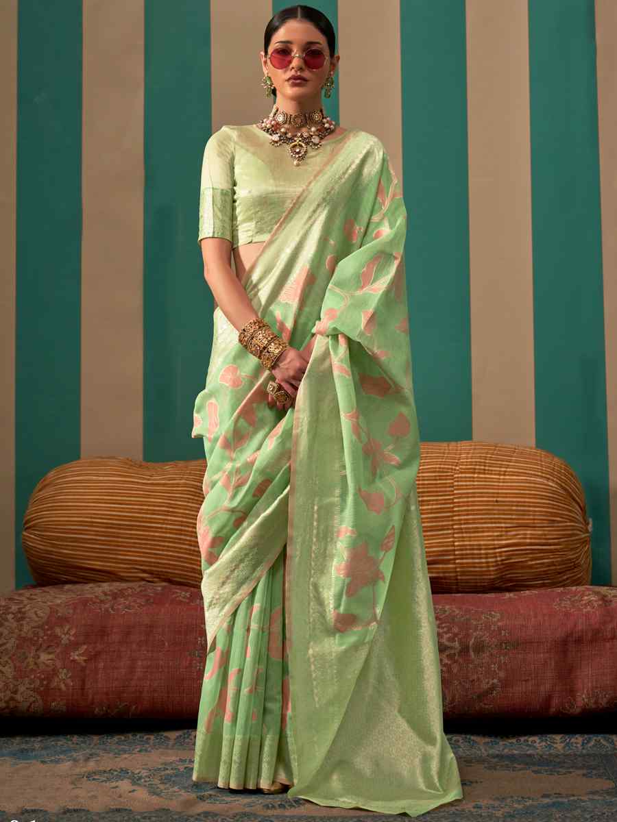 Light Pista Silk Handwoven Festival Wedding Heavy Border Saree