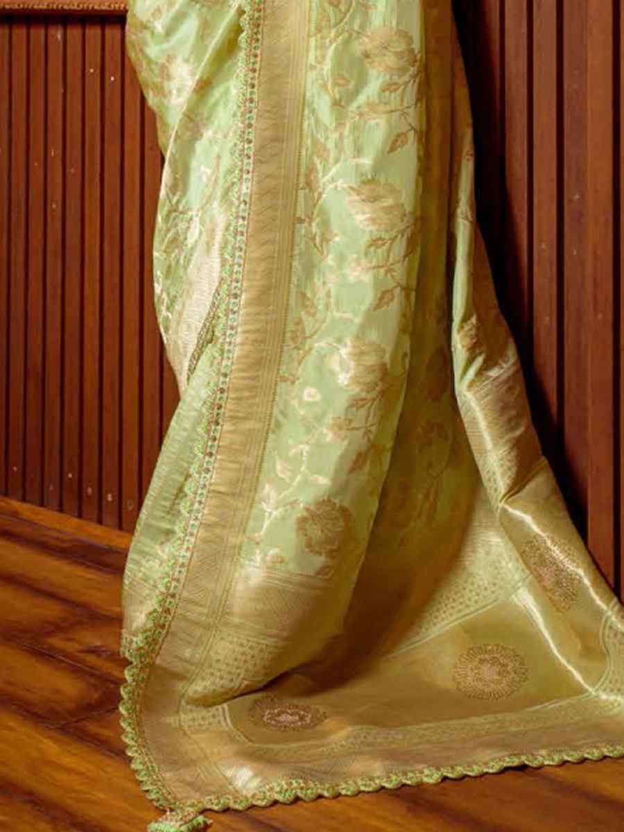 Light Pista Silk Handwoven Festival Wedding Heavy Border Saree