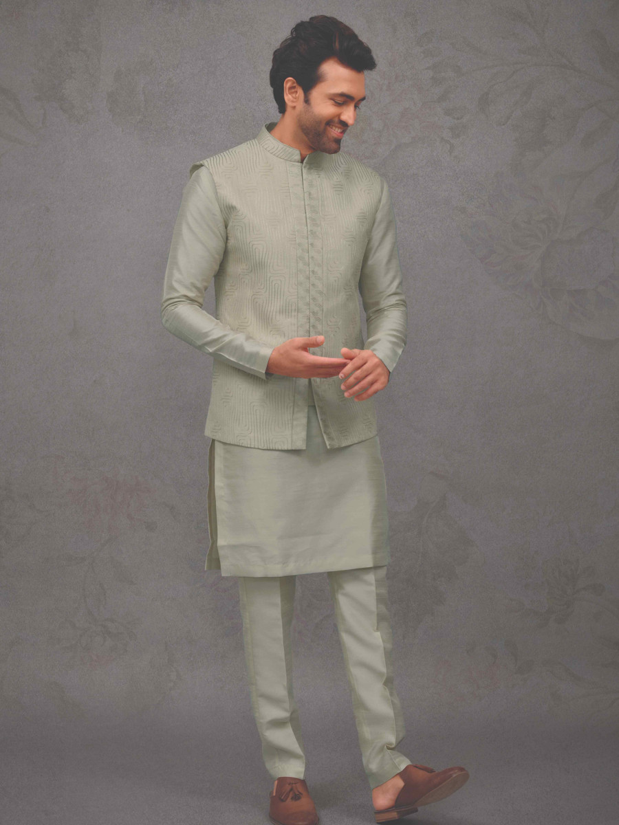 Light Pista Silk Woven Groom Wedding Kurta