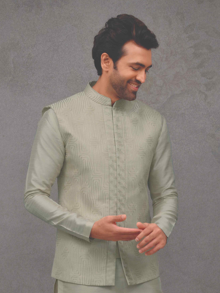 Light Pista Silk Woven Groom Wedding Kurta