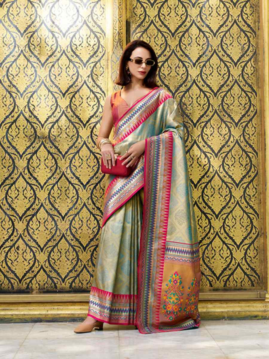 Light Pista Tissue Silk Handwoven Festival Wedding Heavy Border Saree